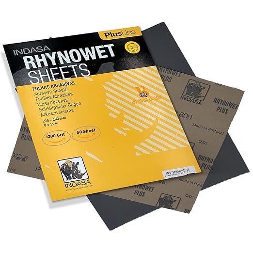 Indasa 50 PCS 9x11??Rhynowet Wet & Dry Sandpaper Sheets,1200 GRIT, Clog-Resistant Abrasive for Wood, Metal, Auto, Paint & Clear Coat Finishing, Sand Paper, Silicon Carbide, Plusline
