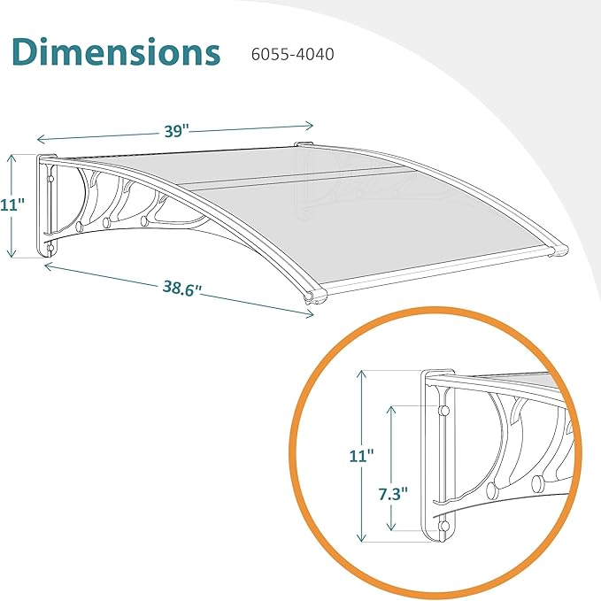 MCombo 39" x 38.6" Window Awning Outdoor Polycarbonate Hollow Sheet Door Patio Canopy, 6055-4040(Glear Board with Black Bracket)