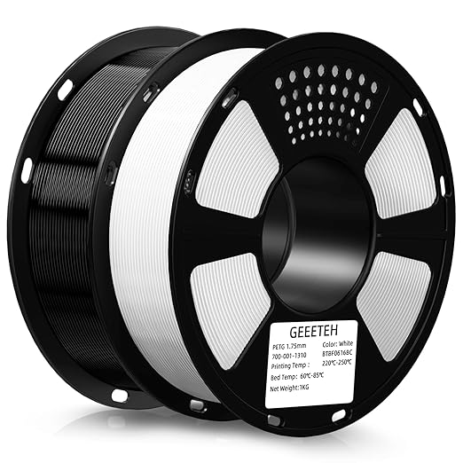 Geeetech PETG Filament 1.75mm, 2kg (4.4lbs) / 2 Pack Upgraded High-Toughness 3D Printer Filament - 짹0.02mm Accuracy, Neatly Wound Durable, Non-Clogging & Non-Stringing (Black + White)