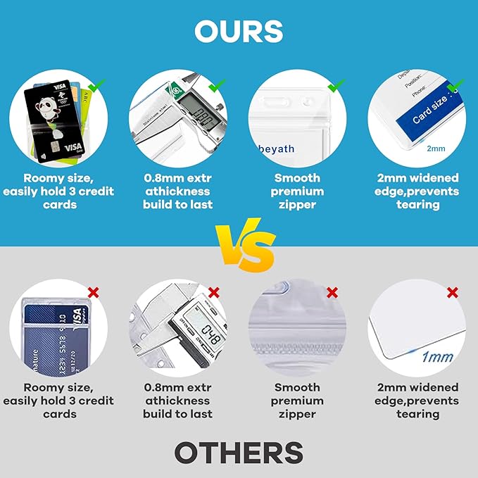 10 Pack Extra Thick ID Card Name Badge Holder Heavy Duty Waterproof Clear Plastic PVC Vertical Sleeve Pocket Resealable