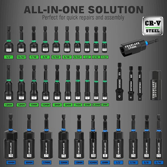74-Piece Magnetic Nut Driver Set for Impact Drill Metric & SAE, Impact Socket Adapter, Power Bits with Magnetic Holder, Wing Nut Driver, Universal Socket, 1/4'' Quick-change Bit Extension