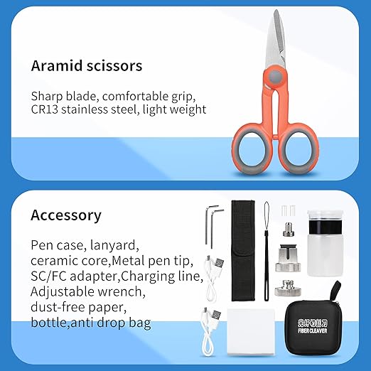 Fiber Optic Terminal kit 10-in-1 FTTH Tool kit Equipped with S-08 Optical Fiber Cleaver and Rechargeable Optical Power Meter A-C710A (-70~+10dBm) Well as Stripper Fibre Tool kit