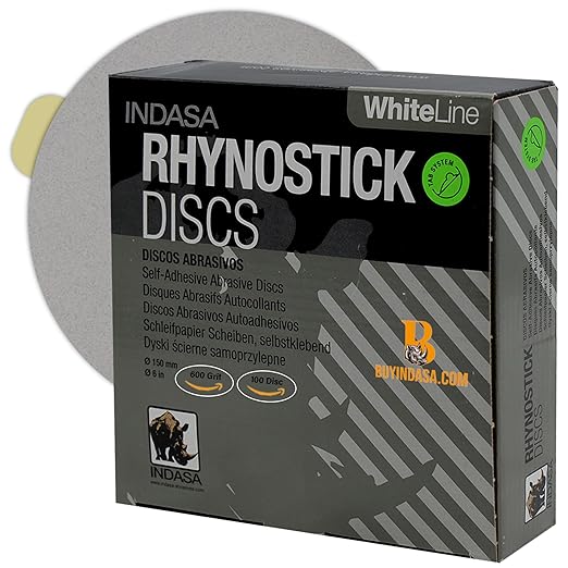 Indasa 6" 100 PCS PSA Sanding Discs ??Rhynostick 600 Grit / 100 Discs ??Self-Adhesive Sticky-Back Sandpaper for DA Sander, Automotive, Wood, Metal, Paint, whiteline