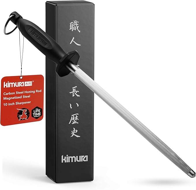 Kimura짰 Professional Honing Steel, 10 inch Honing Rod, Carbon Steel Knife Sharpener, Magnetized Steel, Ergonomic & Balanced Polypropylene Handle, Ideal for All Chef Knives, Japanese Gift Box