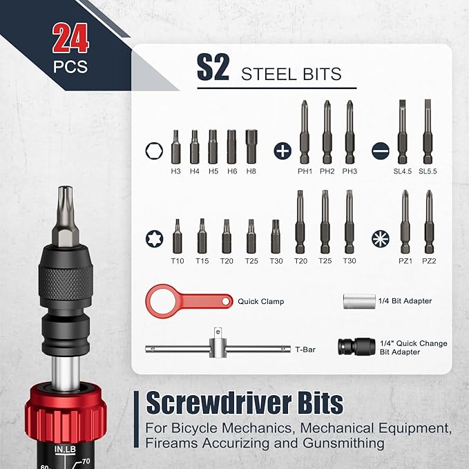 VANPO Torque Screwdriver, 10-70 in.lb, 24 Piece Inch Pound Torque Screwdriver Set with S2 Bits & T-bar Handle, 1/4??Drive Torque Wrench Screwdriver Set for Electronics,Bike Repair and Mounting