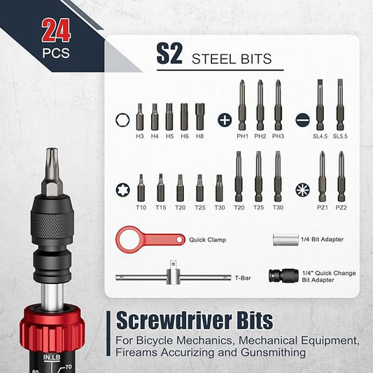 VANPO Torque Screwdriver, 10-70 in.lb, 24 Piece Inch Pound Torque Screwdriver Set with S2 Bits & T-bar Handle, 1/4??Drive Torque Wrench Screwdriver Set for Electronics,Bike Repair and Mounting