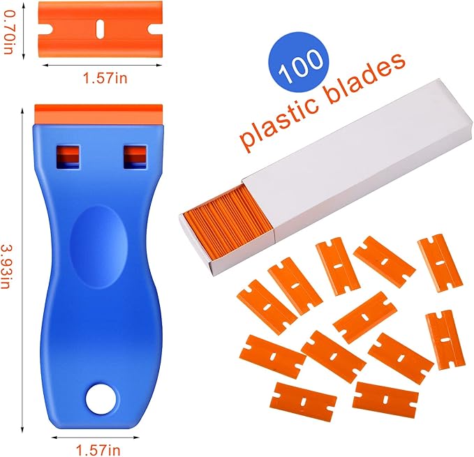 Plastic Razor Blade Scraper, 4 Pieces Scraper Tools with 100 Pieces Plastic Blades for Gasket Remover, Stickers, Decals, Adhesive, Labels, Paint, Glass, Car, Windows