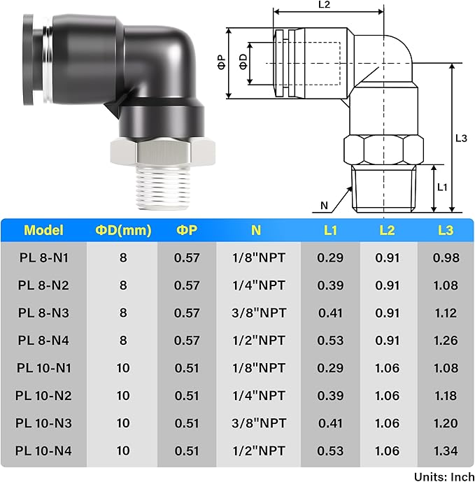 TAILONZ PNEUMATIC Male Elbow 10mm Tube OD x 1/8 Inch NPT Thread 90 Push to Connect Fittings PL10-N1 (Pack of 10)