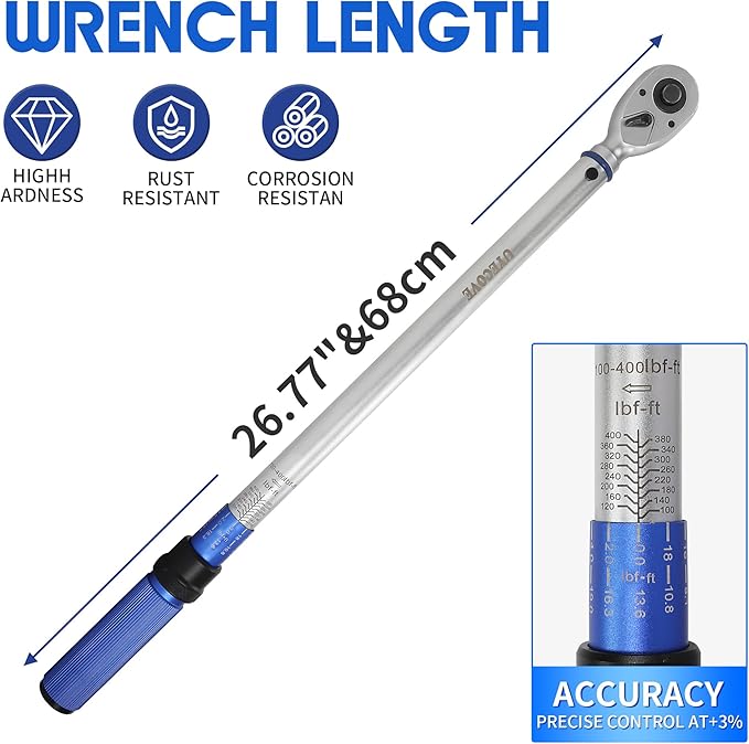 UYECOVE 3/4-Inch Drive Click Torque Wrench, Dual-Direction Click Professional Torque Wrench 100-400FT.LB/136-542N.m, Dual Range Scales Graduated in FT.LB and N.M