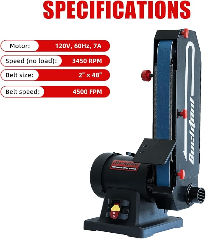 Bucktool 1HP 7A Belt Sander, 2횞48 Inch 4500 FPM Bench Belt Sander, Dual-Purpose Flat & Curved Sanding Design, Iron Base & Platen with Safety Switch, Ideal for Knife Making, Metalworking, Workshop Use