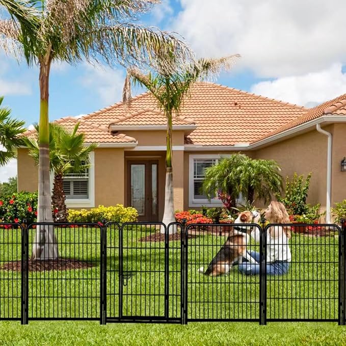 ADAVIN Tall Garden Fence 54 in(H)횞22.1 Ft(L),10 Panels Dog Fence Outdoor for Yard, Heavy Duty Iron Metal Fence with Gate Low Threshold, No Dig Fences Panels, Animal Barrier Fences, Black
