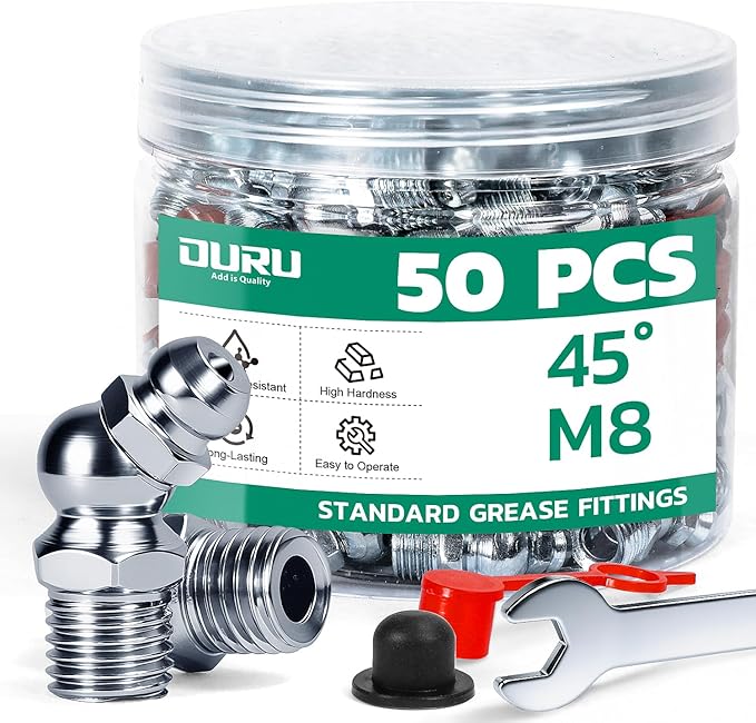 50PCS M8 Grease Fittings Kit, METRIC Zerk Grease Fittings 45 Degree with Grease Fitting Caps & Wrench Kit(9mm) for Grease Gun