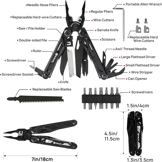 BIBURY Multitool Pliers Pro BI2045AB, Stainless Steel Foldable Multi Tool with Upgraded Scissors and Screwdriver, Multitools with Replaceable Wire Cutters and Saw, Ideal for Camping,Fishing,Survival
