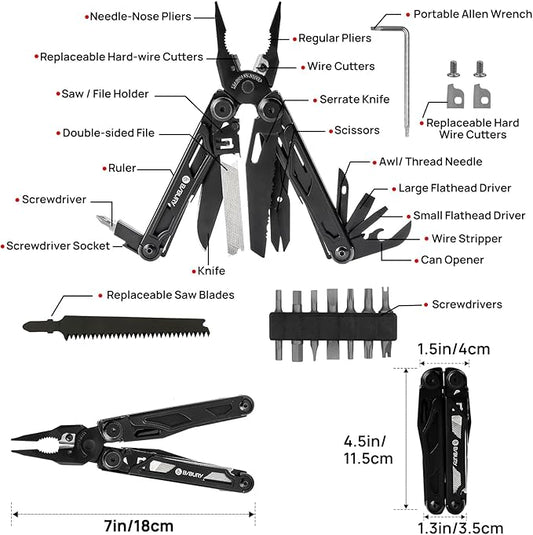 BIBURY Multitool Pliers Pro BI2045AB, Stainless Steel Foldable Multi Tool with Upgraded Scissors and Screwdriver, Multitools with Replaceable Wire Cutters and Saw, Ideal for Camping,Fishing,Survival