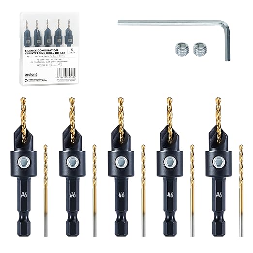 toolant Countersink Drill Bit Set,5Pcs #6 Counter Sink Drill Bit Set for Wood, High-Speed Steel 5 Spare Bits Adjustable for Woodworking and Carpentry, Pilot Screw Hole Set