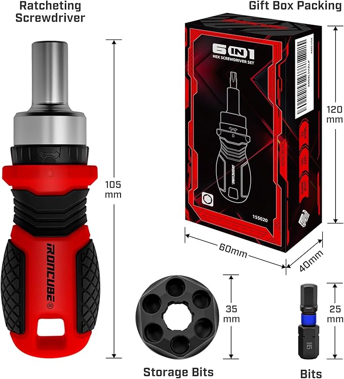 Magnetic Hex Screwdriver Set: 6 in 1 Multi Bit Drive Set with Interchangeable Ratchet Handle - Portable Repair Tool Kit for DIY Bicycle Furniture - Stocking Stuffers with Gift Box