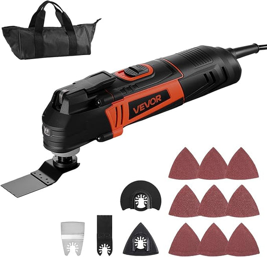 VEVOR Oscillating Tool Multitool, 4Amps Electric Oscillating Multi Tool Corded with 6 Variable Speeds 7000-19000 OPM, 3.2째 Oscillating Angle, 13PCS Saw Accessories, LED Work Light & Tool Bag