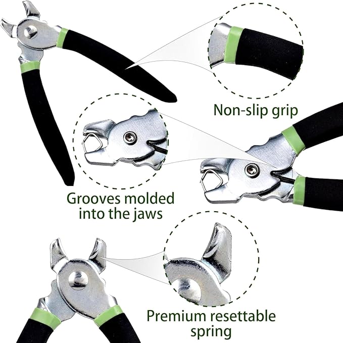 Hog Ring Pliers Kit with 270 Pcs 3/4" 1/2" 3/8" Galvanized Steel Hog Rings,Straight Hog Ring Pliers Kit for Auto Upholstery and Fencing,Bagging,DIYCraft,Furniture(Green)
