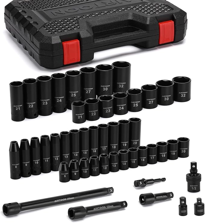 AIRTOON 1/2-Inch Drive Impact Socket Set, 49 Piece Deep & Shallow Metric Socket Set 8mm to 32mm, 6 Point, CR-V Steel for Auto Repair, Easy-to-Read Size Markings, Rugged Construction, Storage Case