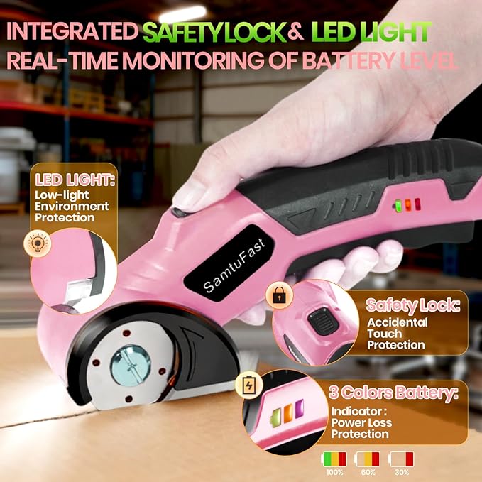 Cordless Electric Scissors, 4V Rechargeable Cardboard Box Cutter with Storage Box,2 Blades,USB Charging Cable, Powerful Rotary Cutters for Carton Plastic Fabric Leather Carpet(Pink)