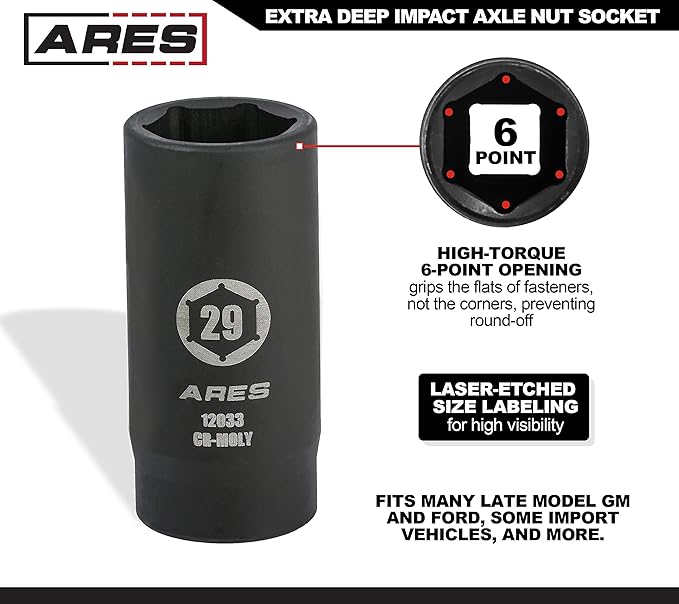 ARES 12033-29MM Axle Nut Socket - 6 Point Socket - Extra Deep 1/2-Inch Drive Impact Socket for Easy Removal of Axle Shaft Nuts