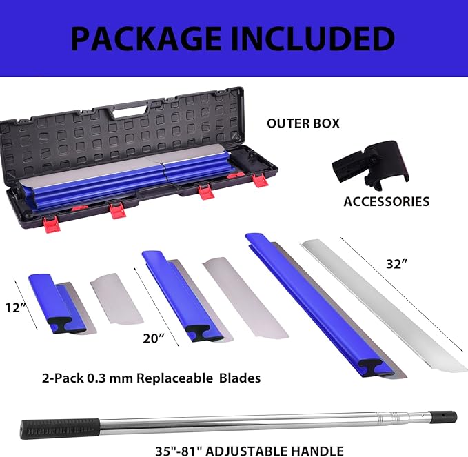 Drywall Tools Skimming Blade with Extension Handle - 12", 20" & 32" Blades with 2 Pack 0.3 mm Blades, Construction Tools End Caps, Wall-Board with Outer Box in Blue