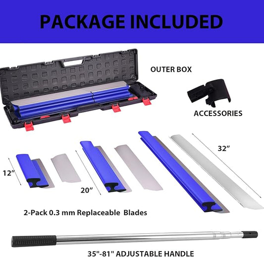 Drywall Tools Skimming Blade with Extension Handle - 12", 20" & 32" Blades with 2 Pack 0.3 mm Blades, Construction Tools End Caps, Wall-Board with Outer Box in Blue