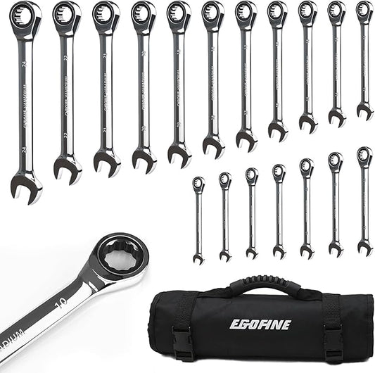 Egofine Ratcheting Wrench Set, 6 mm - 24 mm Metric Wrench Set 18pc, 72 Teeth Combination Wrenches Set, Chrome Vanadium Steel with a Roll Up Storage Bag