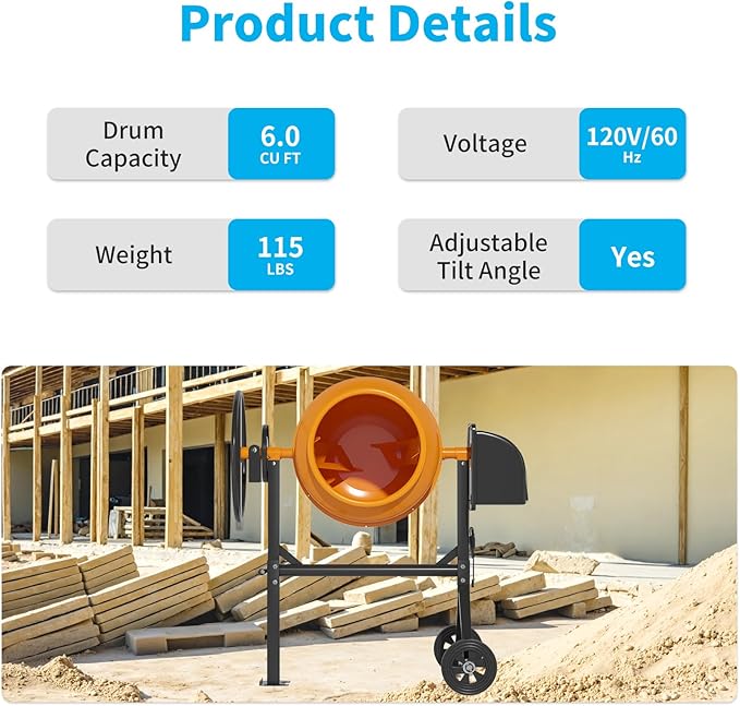6.0 Cu.Ft. Concrete Mixer, Heavy Duty Portable Concrete Mixer with Wheel & Stand, Electric Cement Mixer Machine with 160L Drum, 120V Motor for Concrete, Mortar,Seeds, and Feed,Orange.