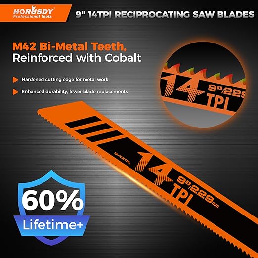 HORUSDY 6PCS 9-Inch 14TPI Bi-Metal Reciprocating Saw Blades, Heavy-Duty Blades for Cutting Steel Pipe, Rebar and Sheet Metal, Universal Shank Fits Most Saws