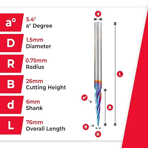 Amana Tool Carbide Up Cut Spiral CNC Router Bits for 2D/3D Carving, 48422-K, 5.4 Deg Tapered Angle Ball Tip x 1.5mm D x 0.75mm R x 26mm x 6mm Sh 4 Fl
