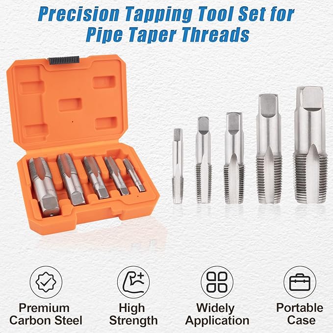 5-Piece NPT Pipe Tap Set, NPT Tap and Die Set with 1/8", 1/4", 3/8", 1/2" and 3/4" Sizes ??Carbon Steel Hand Threading Tool for Plumbing, Mechanics, DIY Tasks, Delivers Clean Accurate Threads