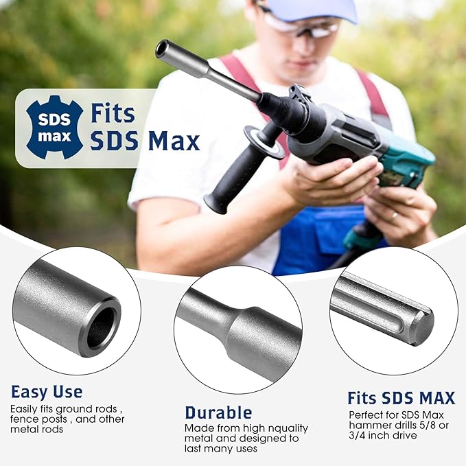 Pisman SDS Max Ground Rod Driver, Hammer Drill Ground Rod Driver for 5/8" & 3/4" Grounding Rods - SDS-Max Rotary Hammer Drill Tool Jackhammer Attachment, SDS Ground Driving Bits