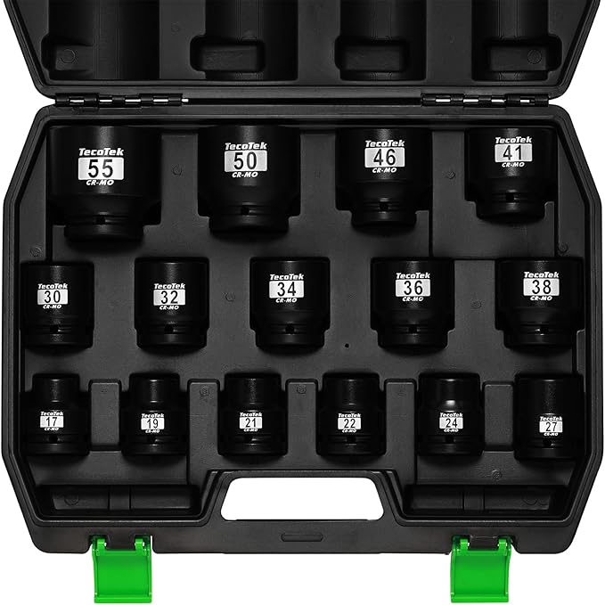3/4" Drive Shallow 6-Point Impact Socket Set, 15-Piece Heavy Duty Impact Socket Set, CR-MO, Metric (17mm to 55mm), Enhanced Storage Case