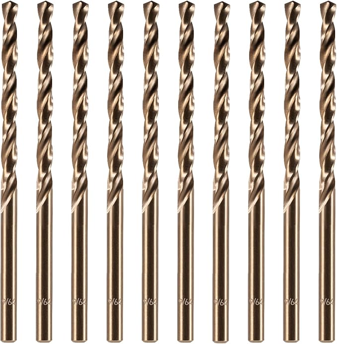 amoolo 9/64" inch Cobalt Drill Bits(10Pcs), M35 HSS Metal Jobber Length Twist Drill Bit Set for Hard Metal, Stainless Steel