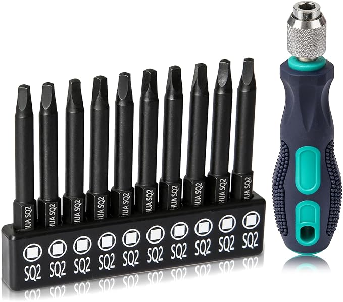 11PCS Square Drive Bits, 10PCS Square Screwdriver Bits and 1PCS 1/4 Hex-Shank Magnetic Bit Driver, 2.3" Long Square Bit #2, S2 Alloy Steel Pocket Hole Jig System SQ2 Bits, SQ2 Impact Driver Bits