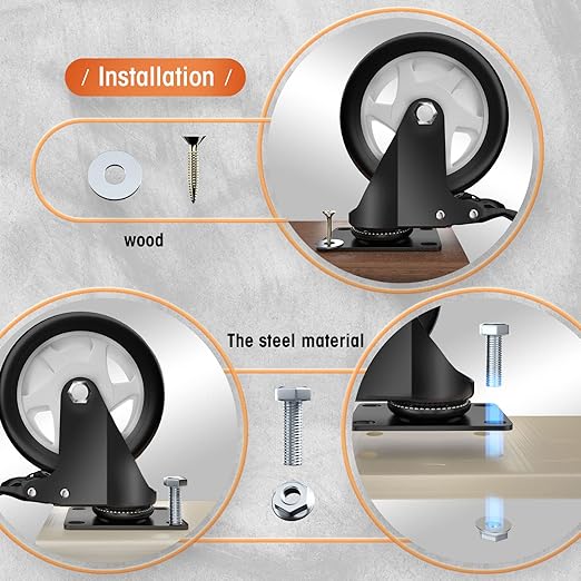 Casters, 5" Caster Wheels竊똂asters Set of 8 Heavy Duty - ASRINIEY Black Polyurethane Castors, Top Plate Swivel Wheels, 8-Pack Industrial Casters with Brake, Locking Casters for Furniture and Workbench