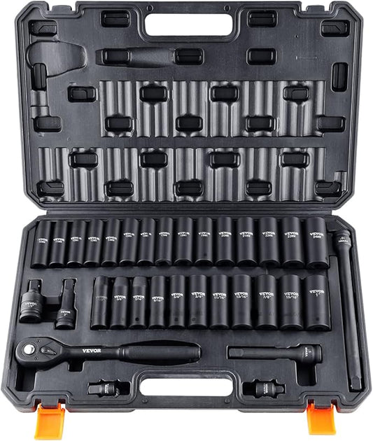 VEVOR Impact Socket Set 1/2" Drive, 33-Piece SAE (3/8 to 1 inch) & Metric (10 to 24 mm) Size, CR-V, 6 Point Standard Deep Socket Set with Extension Bar, Universal Joint, Adapter, Reducer