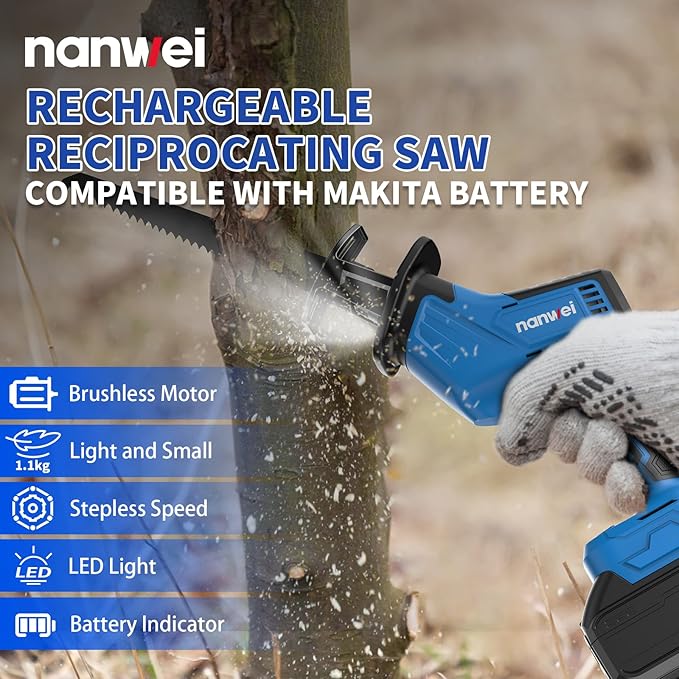 NANWEI Reciprocating Saw Compatible with Makta 18V Batteries, Cordless Electric Reciprocating Saw, Brushless Motor, 0-3500 SPM Variable Speed, For Wood Metal Cutting (Tool Only)