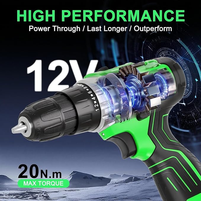 GardenJoy Cordless Power Drill Set: 12V Electric Drill with Battery and Charger, 42pcs Acessories, 3/8"Keyless Chuck, 2 Variable Speed, 24+1 Position, Compact Drill Driver Kit for Home & DIY Project