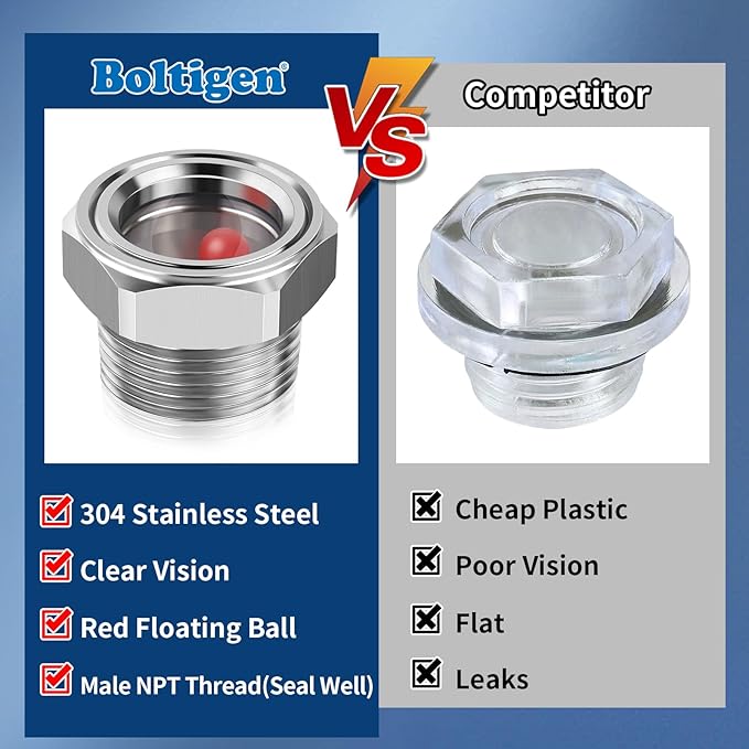 Boltigen Sight Glass Replacement for Air Compressor, 1'' NPT Stainless Steel Oil Sight Plug with Float Ball, Clear Oil Level Sight Window Tank Liquid Sight Gauge Indicator, Perfect for Compressor?갥ump
