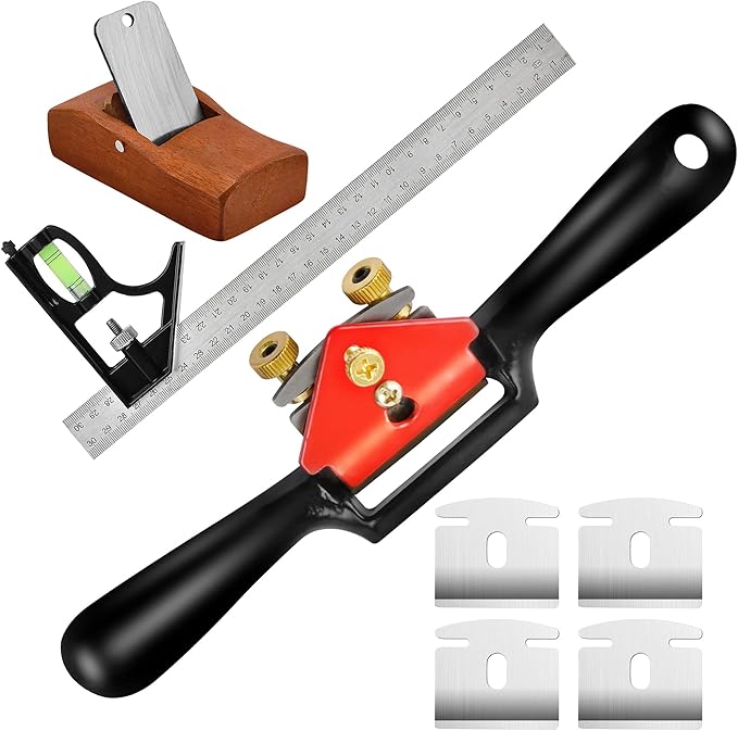 9” Adjustable SpokeShave, Hand Planer Woodworking with Flat Base, Replacement Blades and Ruler, Manual Wood Planer for Wood Working, Wood Craft