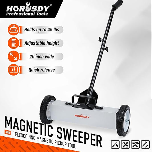 HORUSDY 18-Inch Rolling Magnetic Sweeper with Wheels, Magnet Pickup Sweeper, Push-Type Nail Magnet Sweeper for Workshop, Garage, and Yard Cleanup
