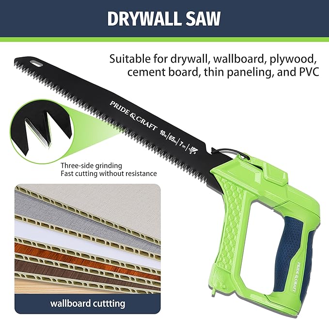 PRIDE&CRAFT 4 In 1 Hand Saw with 4pc Blades Quick Change, Includes Drywall/Metal/Wood/Plastic Saw Blade, Work Glove, Soft and Non-Slip Handle, Fine Cut Hacksaw for Cutting Wood Metal PVC Wallboard