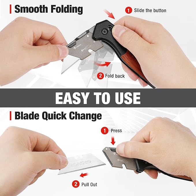 WORKPRO Folding Utility Knife, Razor Blade Knife with Axis Lock, Quick Change Box Cutter, EDC Wood Handle Foldable Pocket Cutter, Extra 10PC SK5 Blades Included