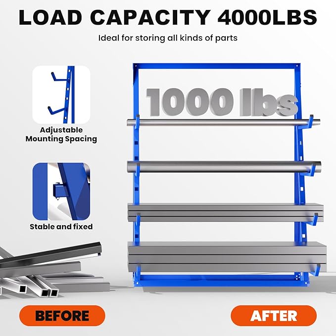 Heavy Duty Garage Storage Rack 4000 LBS, Adjustable 4-Tier Cantilever Lumber Organizer, Wall Mount Alloy Steel Shelf for Wood Log PVC Pipe, Workshop Racking