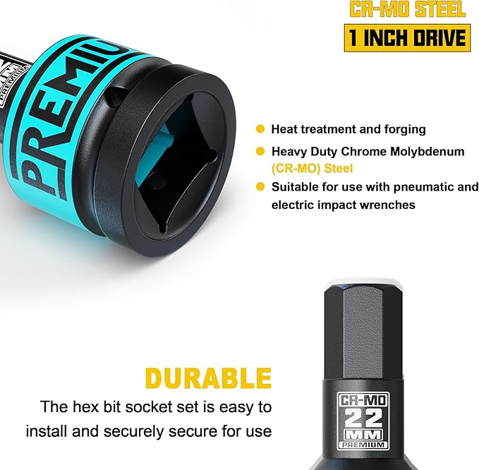 1" Drive H22 Impact Hex Bit Socket, 22 mm Allen Bit Socket, Metric, Cr-Mo Steel, Truck Repair and Equipment Maintenance