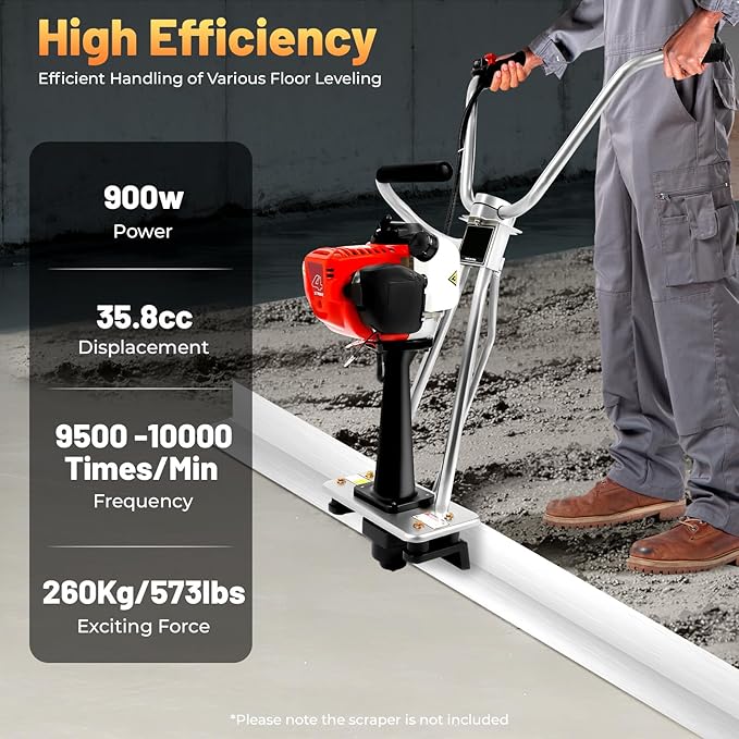 4-Stroke Gas Concrete Vibrating Machine, 900W 35.8CC Commercial Power Screed Vibrating Screed Power Unit Concrete Wet Screed Gasoline Cement Vibrator with 0.65L Fuel Tank for Pavement & Bridge Decks