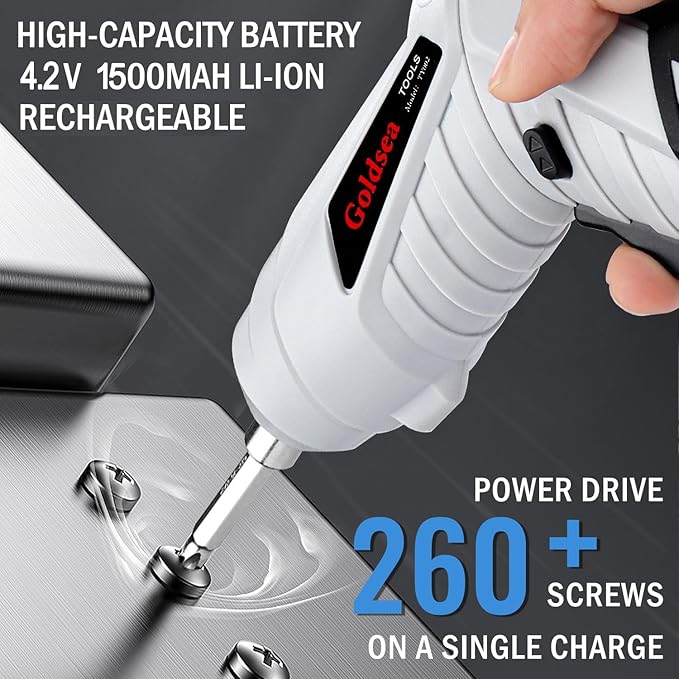 Electric Screwdriver Cordless, Goldsea 4.2V 3.5N.m 1500mAh Battery Rechargeable via Type-c, 1/4" 10pcs Magnetic Bits, Hex Chuck, 90째 to 180째 Adjustable Handle, LED Light for Home DIY & Repairs-Gray