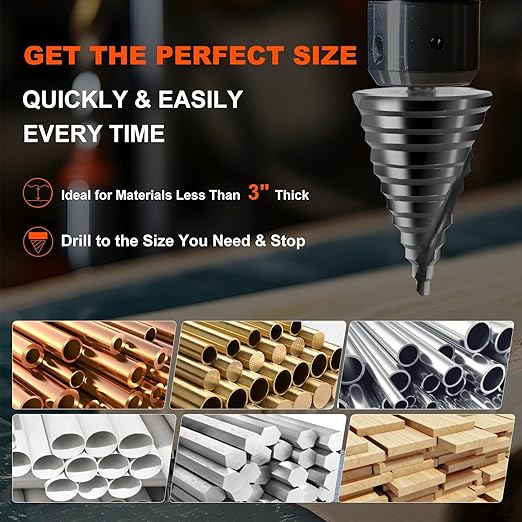 COMOWARE Step Drill Bit, 12 Sizes from 1/4" to 2-3/8", High Speed Steel Step Bit with 2 Spiral Flutes, 3-Flat Shank, Steps Bits for Metal, Aluminum/Wood/Plastic/Iron, Unibit for Electricians & DIY